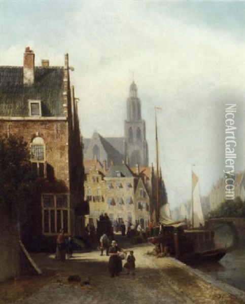 Daily Activities On A Quay, A Church Beyond Oil Painting - Johannes Frederik Hulk the Elder