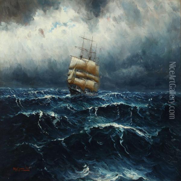 Seascape With Sailing Boats In Rough Sea Oil Painting - Alfred Jensen