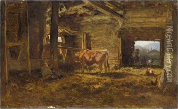 In The Cowshed (im Kuhstall) Oil Painting - Anton Schrodl