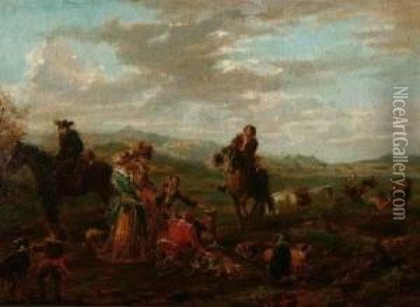 Figures And Horses In Landscape Oil Painting - Alexandre Marie Guillemin