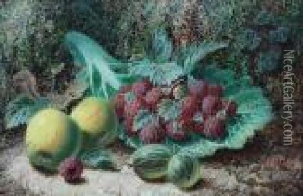 Raspberries On A Cabbage Leaf, 
Apples Andgooseberries; A Sprig Of Greengages, Strawberries, A Peach And
 Aplum Oil Painting - Oliver Clare