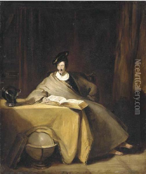 An Elegant Figure Seated At A Table Reading A Book Oil Painting - Henry Liverseege