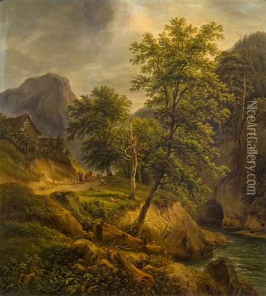 Shepherds With Their Flock In Mountain Landscape Oil Painting - Joseph Mossmer