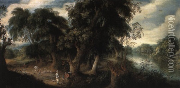 Wooded River Landscape With A Bird Catcher Resting Under A Tree Oil Painting - Abraham Govaerts