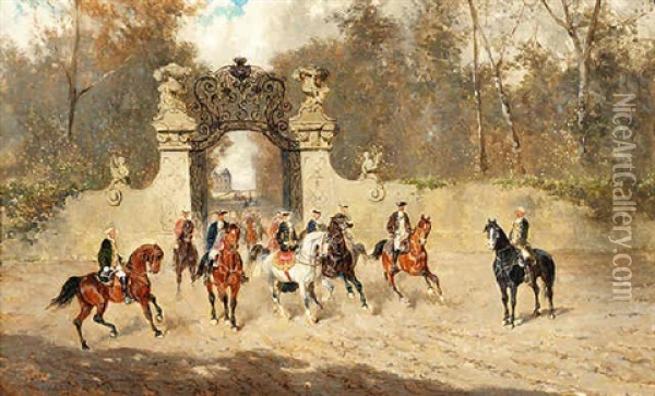 Hunting Party With A Castle In The Background Oil Painting - Alexander Ritter Von Bensa