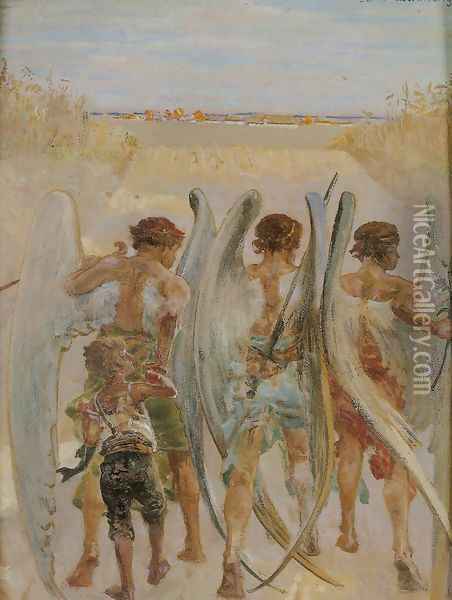 Three Angels with Tobias Oil Painting - Jacek Malczewski