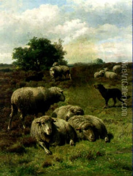 Sheep And A Dog In A Landscape Oil Painting - Cornelis van Leemputten