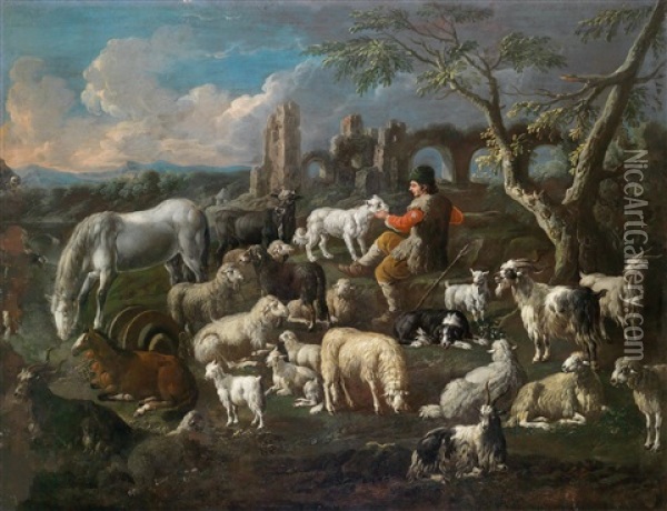 Landschaft Mit Einem Hirten Und Seiner Herde Vor Ruinen Oil Painting - Cajetan Roos
