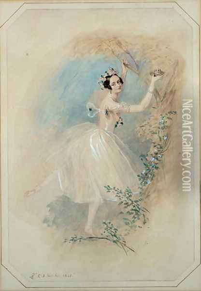 James, having deserted Effie, presents La Sylphide with a nest of a sister creature of the air. Oil Painting - Alfred-Edward Chalon