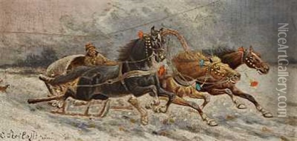 En Hesteslaede I Fuld Fart Gennem Sneen Oil Painting - Adolf (Constantin) Baumgartner-Stoiloff
