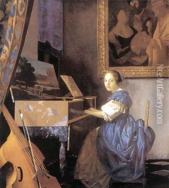 Lady Seated at a Virginal c. 1673 Oil Painting - Jan Vermeer Van Delft