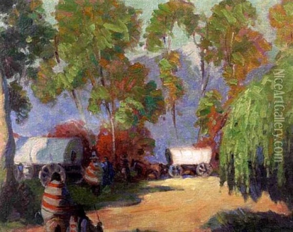 Native American Figures And Covered Wagon Among The Trees Oil Painting - Victor William Higgins