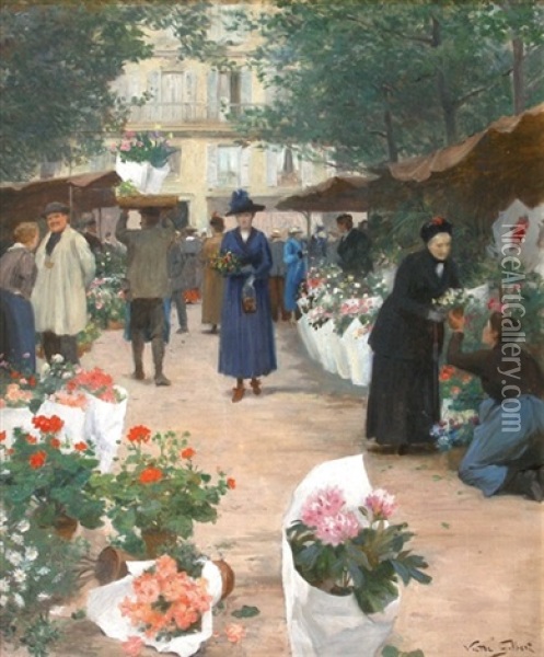 Le Marche Aux Fleurs Oil Painting - Victor Gabriel Gilbert