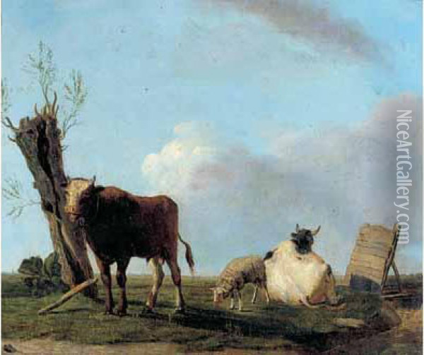 Jeune Taureau, Vache Et Mouton Aupres D'un Saule Creux. Oil Painting - Eugene Joseph Verboeckhoven