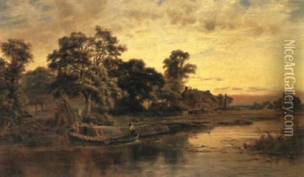 A Working Barge At Sunset Oil Painting - Robert Gallon
