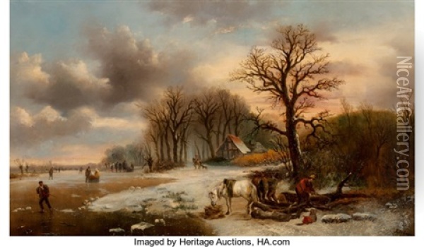 Winter Scene With Figures And Frozen River Oil Painting - Alexis de Leeuw