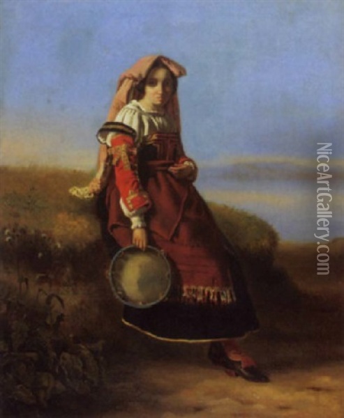 Junge Italienische Bauerin Mit Tamburin Oil Painting - Leopold-Louis Robert
