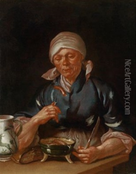 Eine Frau Bei Der Mahlzeit Von Wursteni Brot Und Wein Oil Painting - Martin Dichtl