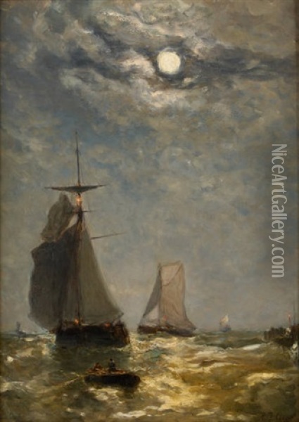 Clair De Lune Dans La Rade De Vlessingen Oil Painting - Paul Jean Clays