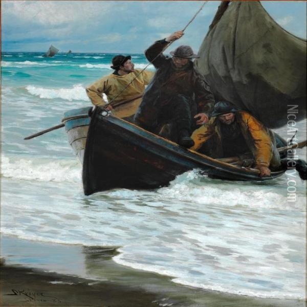 Hjemvendende Fiskere Ifaerd Med At Stryge Sejlene Paa Baaden, Der Lober Ind Mod Strandkanten Oil Painting - Peder Severin Kroyer