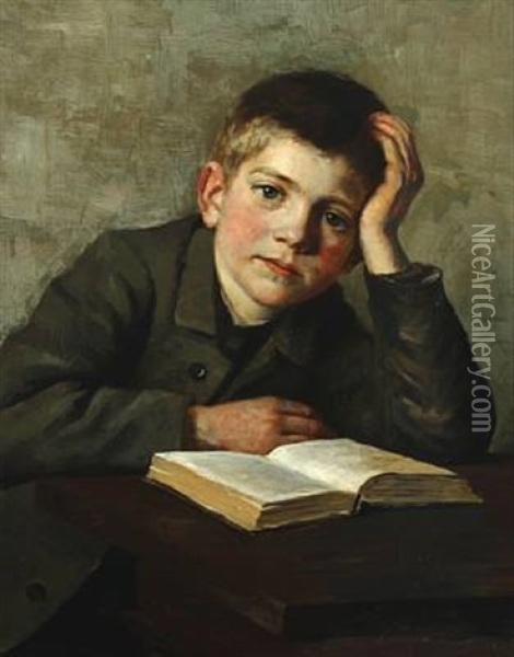 Boy Sitting By A Table With A Book Oil Painting - Laura Oline Adolphine Sarauw
