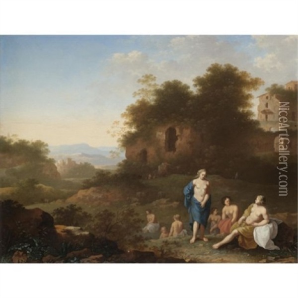 Diana And Her Nymphs Resting In An Italianate Landscape Oil Painting - Johan van Haensbergen