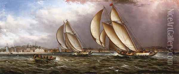 Yacht Race in Gloucester Harbor Oil Painting - James E. Buttersworth