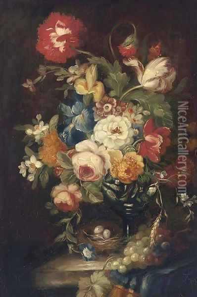 Summer flowers in a vase on a stone ledge with a bird's nest Oil Painting - Continental School