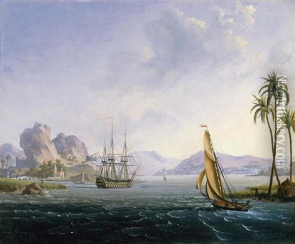View Of A Tropical Port Oil Painting - Ambroise Louis Garneray