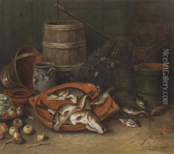 Stilleben Mit Fischen Und Gemuse In Tonschalen Vor Fischernetzen Und Kuchengerat Oil Painting - Jan Rentinck