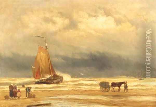 A coastal scene with a shell fisher, fishmongers and a bomschuit in the surf Oil Painting - Johannes Hermanus Koekkoek