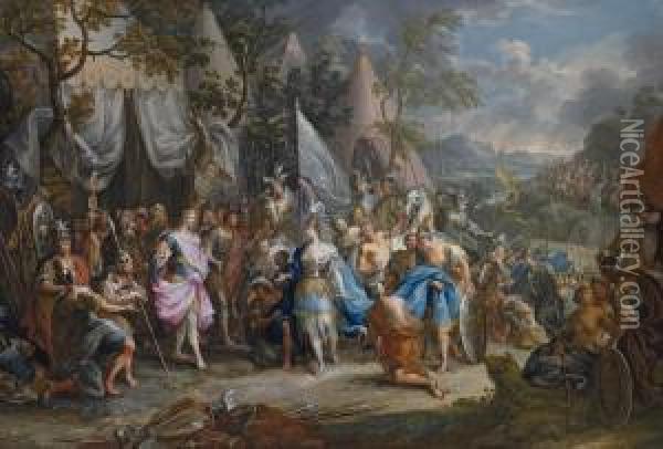 The Amazon Queen, Thalestris, In The Camp Of Alexander Thegreat Oil Painting - Johann Georg Platzer