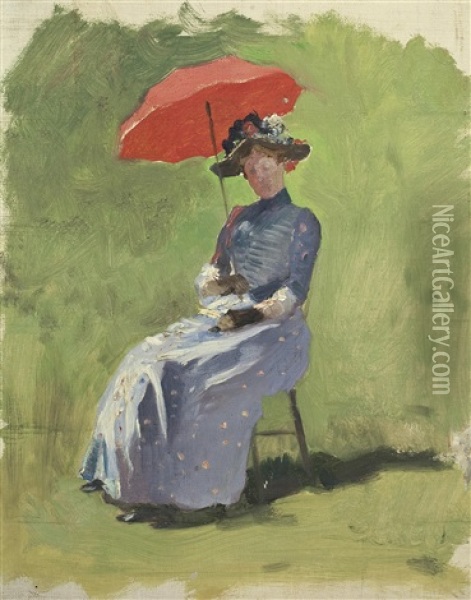 Sitzende Dame Unter Rotem Schirm Oil Painting - Julius von Blaas