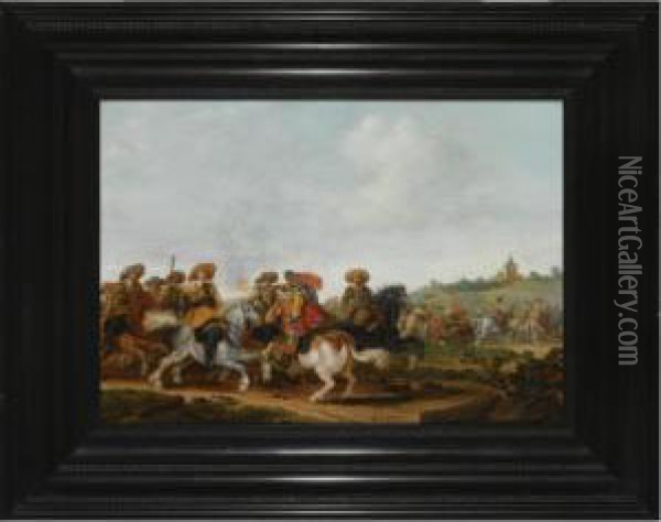 A Cavalry Battle With A View Of A Church Beyond Oil Painting - Esaias Van De Velde