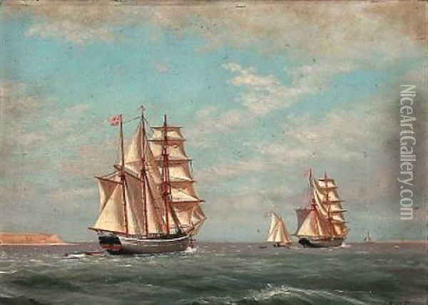 Seascape With Two Brigantines Near A Coast Oil Painting - Carl (Jens Erik C.) Rasmussen