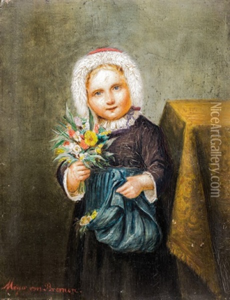 Ein Kleines Madchen Prasentiert Einen Blumenstraus Oil Painting - Johann Georg Meyer von Bremen