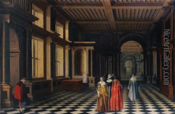 Personnages Dans Une Galerie Classique A Colonnades Oil Painting - Willem Cornelisz Duyster