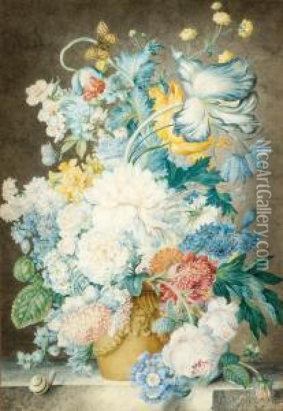 A Large Variety Of Flowers In A Vase, Together With A Snail And Two Butterflies Oil Painting - Oswald Wynen