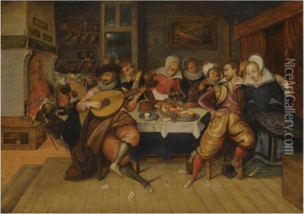 An Elegant Company Making Merry In An Interior Oil Painting - Louis de Caullery