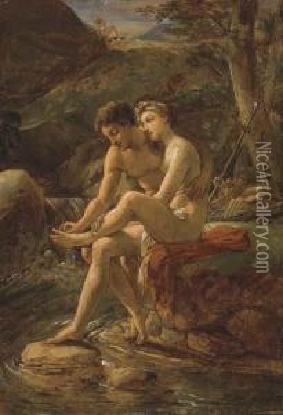 Daphnis Pulling A Thorn From Chloe's Foot By A River Oil Painting - Louis Hersent