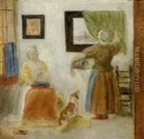 Two Women In An Interior Oil Painting - Gabriel Metsu