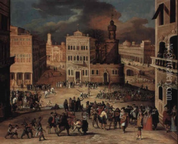 An Architectural Fantasy With Figures Merrymaking In A Town Square Oil Painting - Louis de Caullery