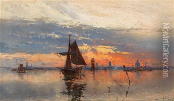Scene At Dusk In The Harbour Of Stockholm Oil Painting - Herman Gustav af Sillen