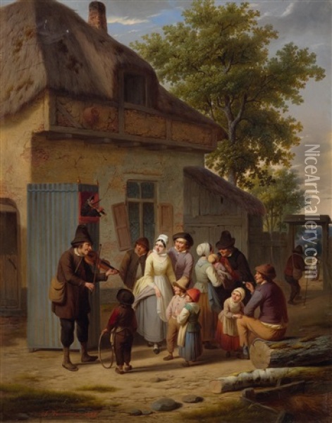 Street Scene With Musician And Puppeteer Oil Painting - Charles (Karel Ferdinand) Venneman