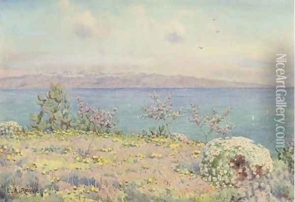 The straits of Messina and Calabria from Taormina, Sicily Oil Painting - Ernest Arthur Rowe