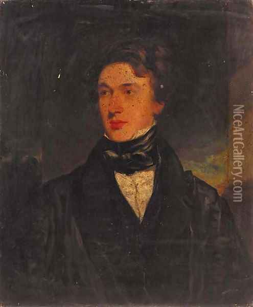 Portrait of a gentleman, half-length, in a black coat and bow tie, in a landscape Oil Painting - Samuel Howell