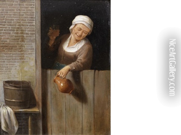 An Old Lady At A Window Holding A Pitcher And A Glass Oil Painting - Adriaen Jansz van Ostade