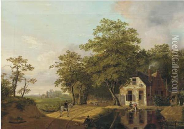 On A Country Road Oil Painting - Jan Gerardus Casteelen