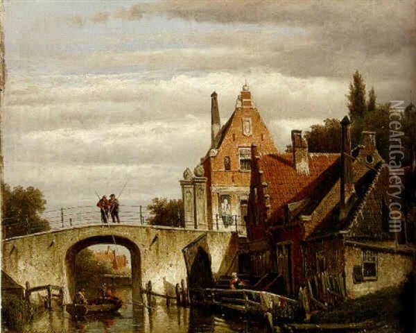 Figures Boating And Fishing Off A Bridge On A Canal Oil Painting - Willem Koekkoek