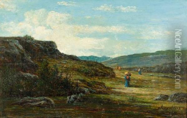 Landschaft Mit Kuhhirtin Und Reisigsammlerin. Oil Painting - Henri Chevalier
